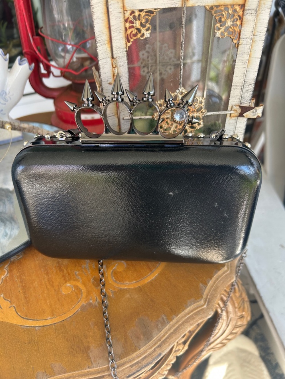 Black Studded Spike Knuckle Ring Bag - Picture 4 of 8